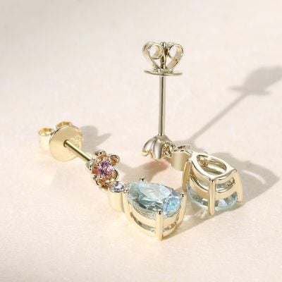Floral Inspired Pear Cut Aquamarine Dangle Earrings With Cherry Blossom Accents