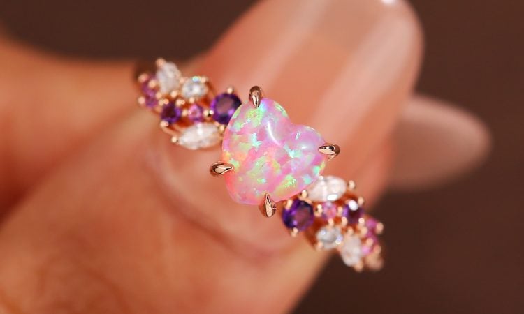 Heather hues heart shaped pink opal cluster promise ring