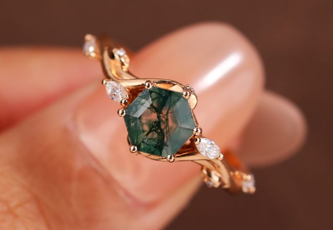 Hexagon Cut Moss Agate Nature Inspired Engagement Ring