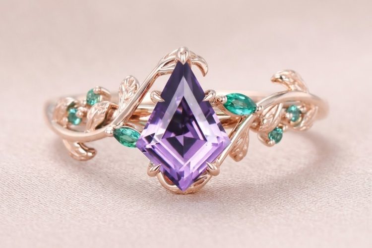 Kite Cut Amethyst Engagement Ring with Emerald Accents
