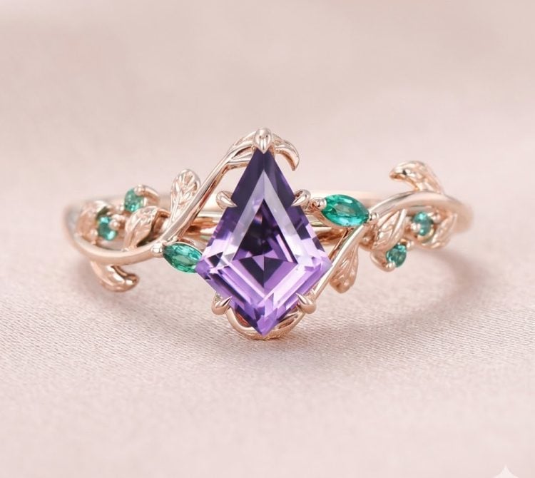 Kite Cut Amethyst Engagement Ring with Emerald Accents