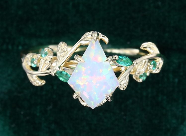 Kite Cut Lab Opal Engagement Ring With Emerald Accents (11)