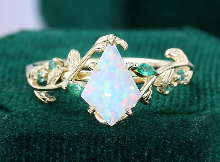 Kite Cut Lab Opal Engagement Ring With Emerald Accents (8)