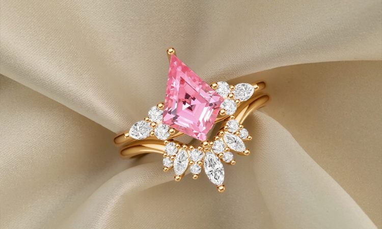 Kite Cut Lab Pink Sapphire Bridal Ring Set (2)