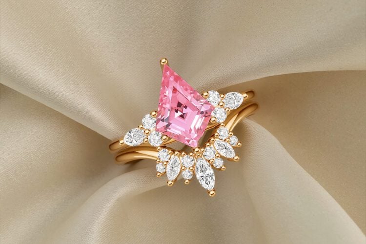 Kite Cut Lab Pink Sapphire Bridal Ring Set (2)