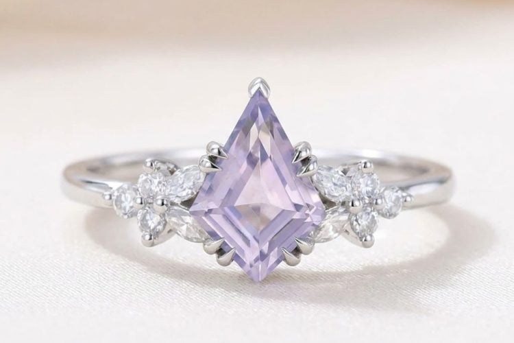 Kite Cut Lavender Amethyst Engagement Ring with Moissanite Blossom