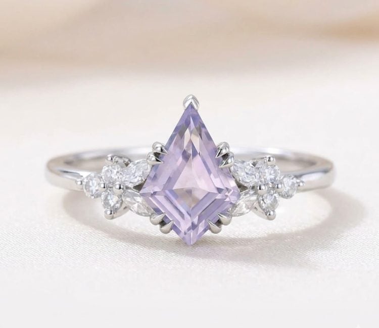 Kite Cut Lavender Amethyst Engagement Ring with Moissanite Blossom