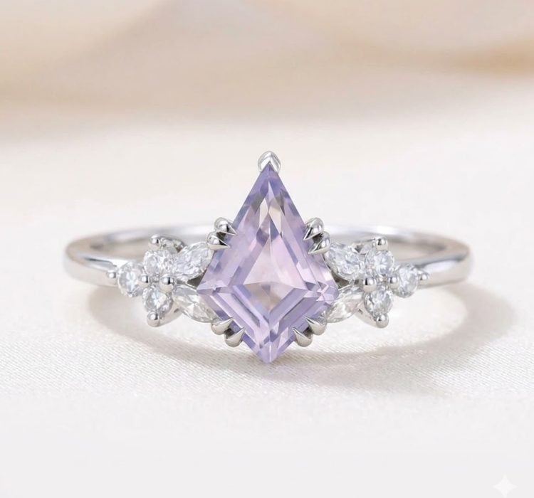 Kite Cut Lavender Amethyst Engagement Ring with Moissanite Blossom