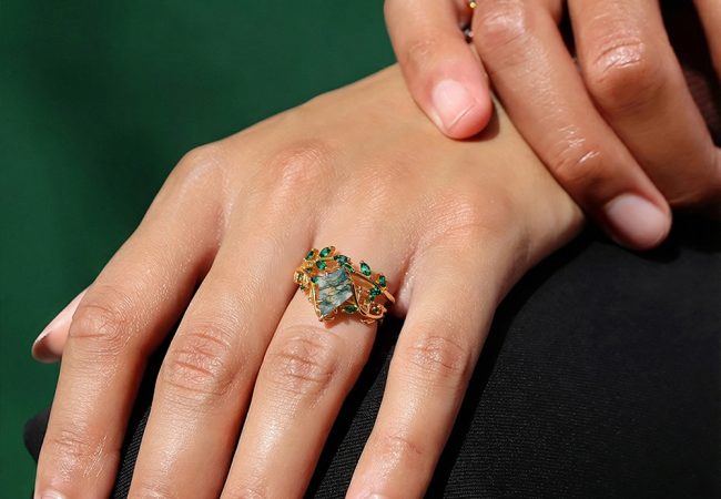 Kite Cut Moss Agate Bridal Ring Set Emerald Leaf Ring Set (3)