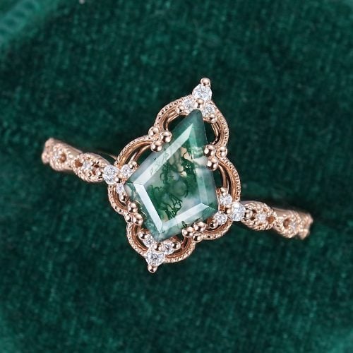 Kite Cut Moss Agate Engagement Ring With Milgrain Accents (10)