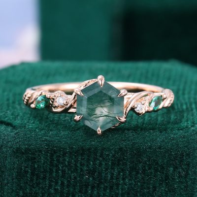 Hexagon Cut Moss Agate Engagement Ring Nature Inspired Forest Ring