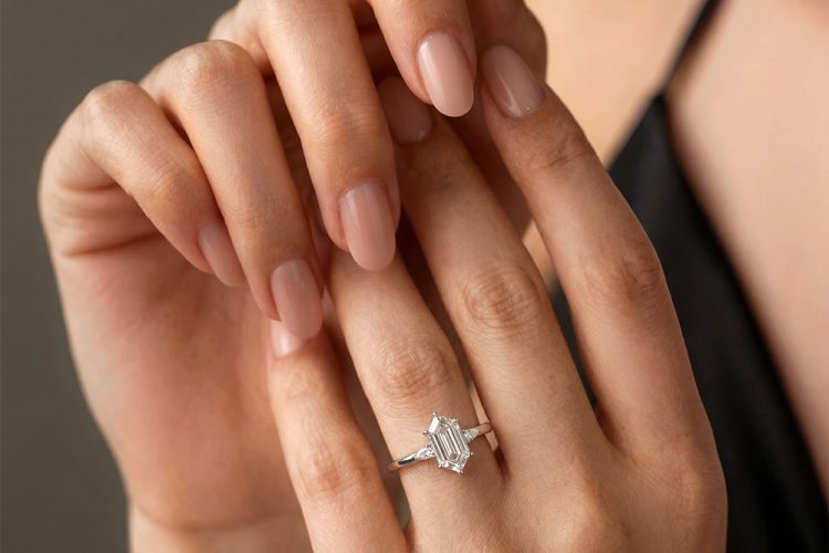Long Hexagon Cut Moissanite Engagement Ring Three Stone Ring