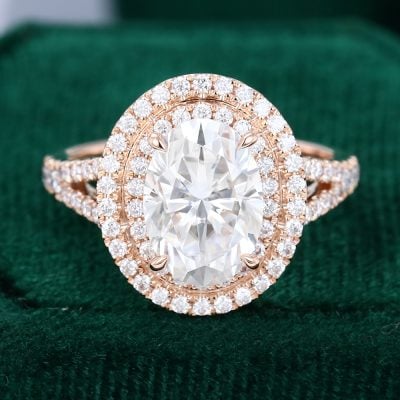 CTW 3CT Oval Cut Moissanite Double Halo Split Shank Engagement Ring