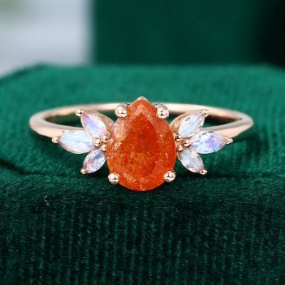 Pear Shaped Sunstone With Moonstone Engagement Ring