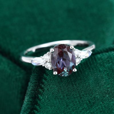 Oval Alexandrite Cluster Engagement Ring White Gold