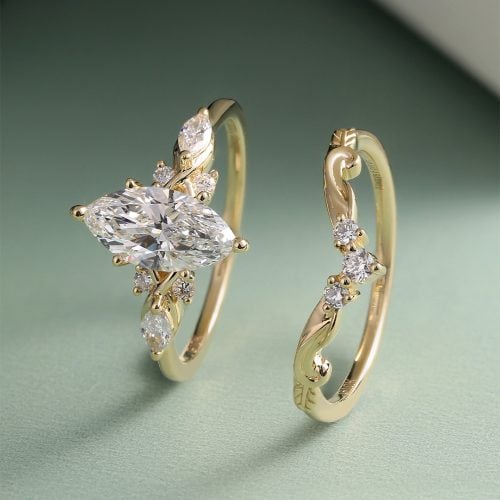 Marquise Cut Lab Diamond Bridal Ring Set With Carved Leaf Band (4)