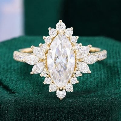 Marquise Cut Moissanite Halo Engagement Ring with Hidden Detail