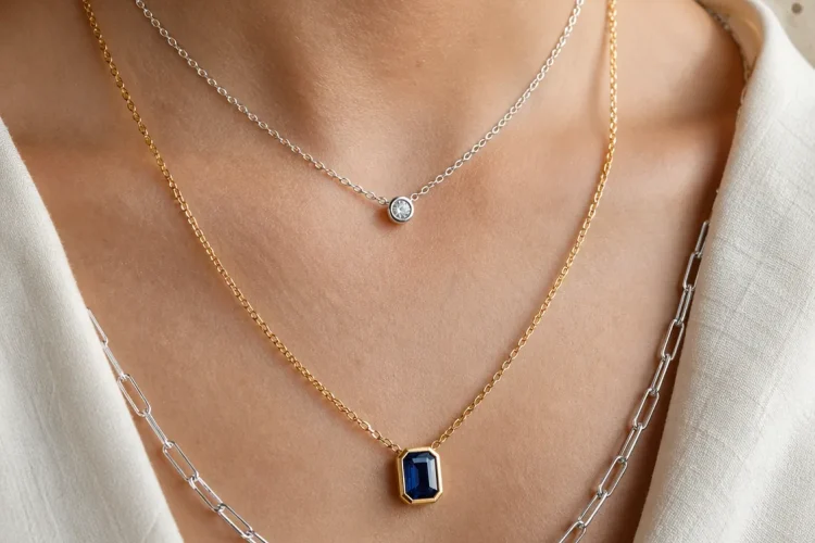 Mixed metal stack with an 18k gold sapphire pendant, a thin silver chain, and a sterling silver paperclip chain