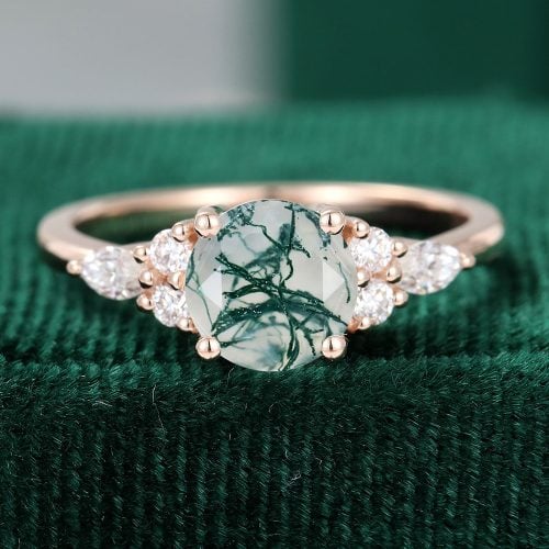 Molly Jewelry Round Cut Moss Agate Rose Gold Engagement Ring