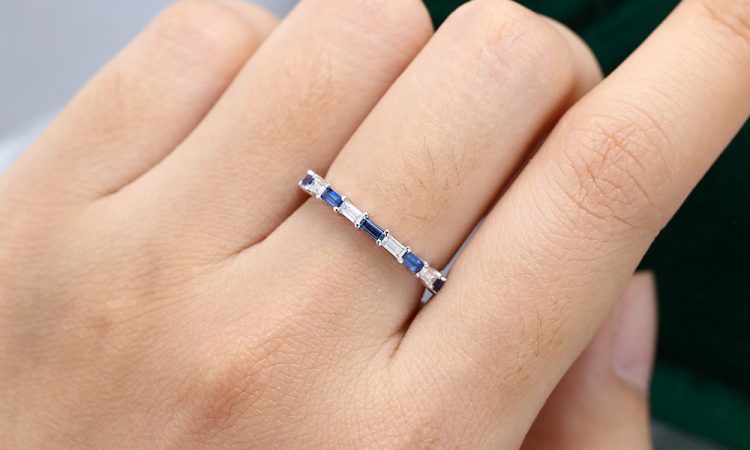 White Gold Baguette Cut Sapphire and Moissanite Wedding Band