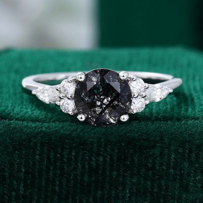 Round Cut Black Rutilated Quartz Engagement Ring With Moissanite Side Stones