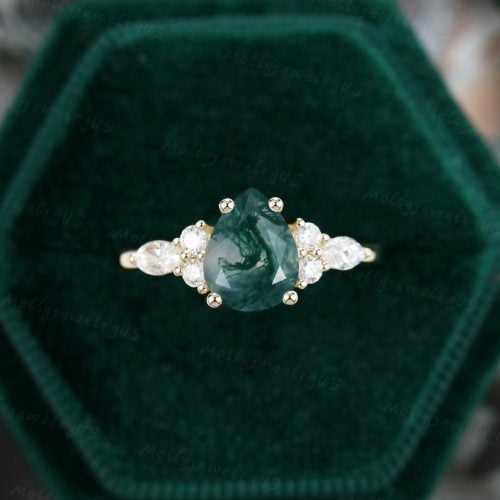 MollyJewelryUS pear cut sidestones moss agate engagement ring