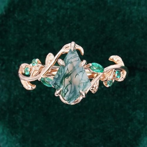 Natural Inspired Kite Cut Moss Agate Wedding Ring