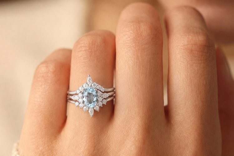 Oval Cut Aquamarine & Moissanite Engagement Ring Set 3PCS Bridal Wedding Set