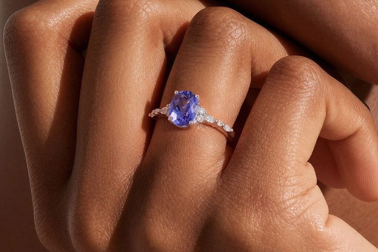 Oval Cut Cornflower Sapphire Engagement Ring Moissanite Accented Anniversary Gift