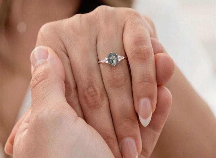 Oval Cut Moss Agate Classic Side Stone Engagement Ring For Women