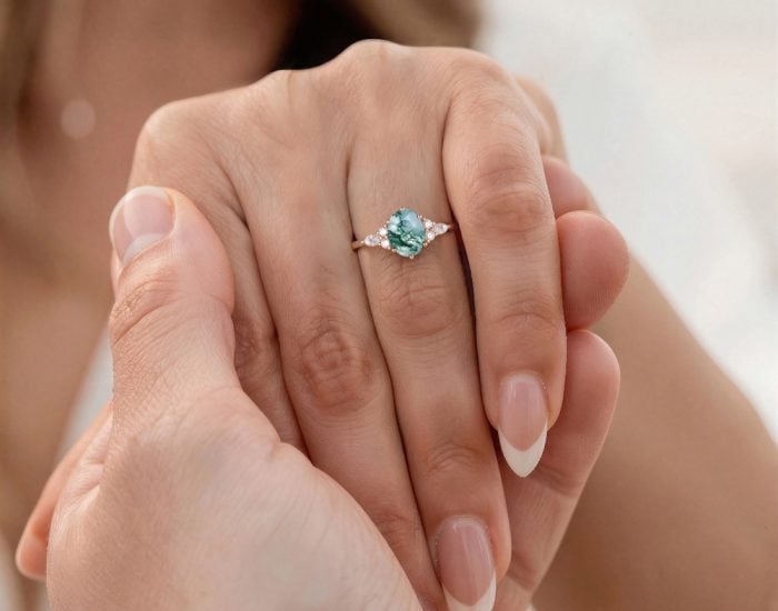 Oval Cut Moss Agate Classic Side Stone Engagement Ring For Women