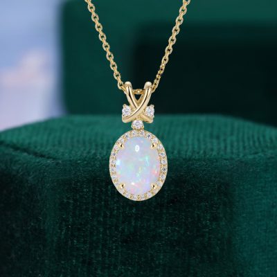 Oval Cut Natural Opal Halo Pendant Necklace with Criss Cross Accents