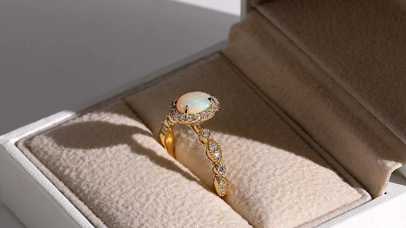 Oval Cut Opal Engagement Ring Beaded Bridal Ring
