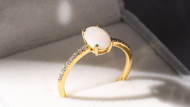 Oval Opal Engagement Ring Half Eternity Pave Band
