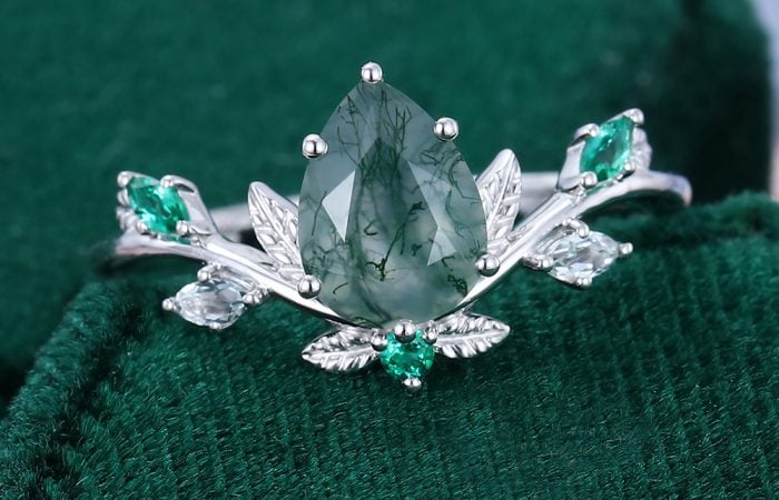 Pear Cut Moss Agate Leaf Engagement Ring For Her (2)
