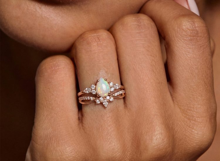 Pear cut natural opal engagement ring set crown bridal set