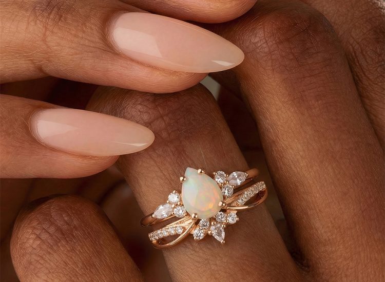 Pear cut natural opal crown engagement ring set