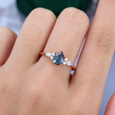 Rose Gold Pear Cut Alexandrite and Moonstone Engagement Ring June Birthstone