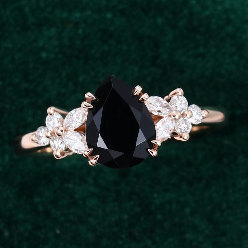 Pear Shaped Black Onyx Engagement Ring Nature Inspired Blossom Side Stone Ring