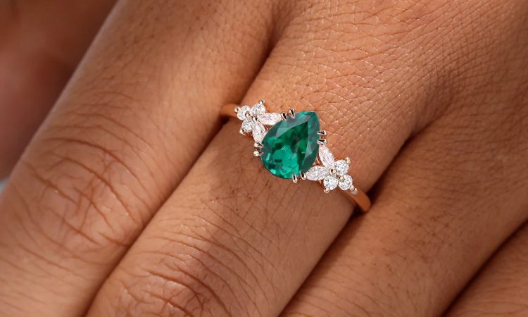 Pear Shaped Emerald & Diamond Engagement Ring with Blossom Cluster Accents