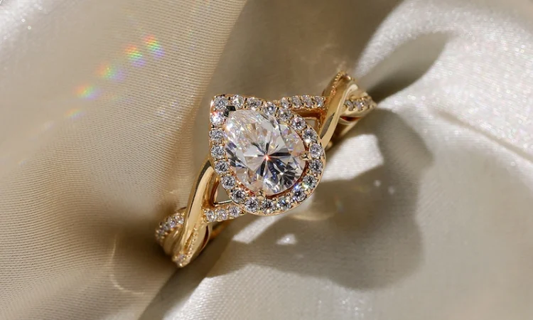 Pear Shaped Moissanite Engagement Ring Crossover Shank Halo Ring