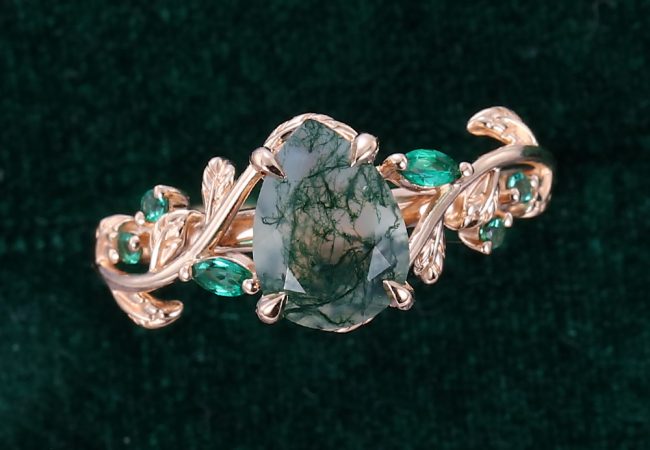Pear Shaped Moss Agate Engagement Ring Nature Inspired Leaf Promise Ring (5)