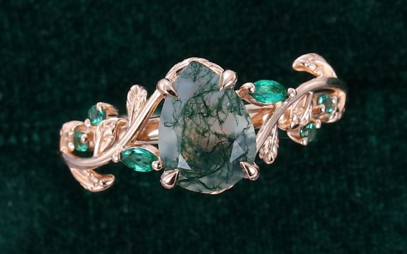 Pear Shaped Moss Agate Engagement Ring Nature Inspired Leaf Promise Ring (5)