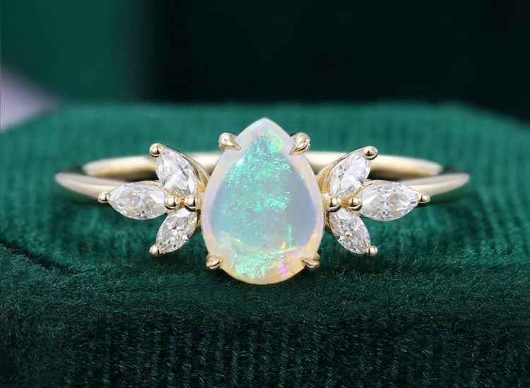 Petal Cluster Pear Shaped Opal Engagement Ring with Moissanite Accents