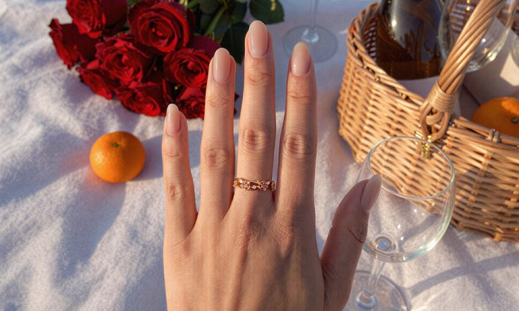 Pink sapphire cherry blossom curved wedding band floral stacking ring
