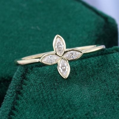 Bezel Set Marquise Cut Moissanite Quatrefoil Promise Ring