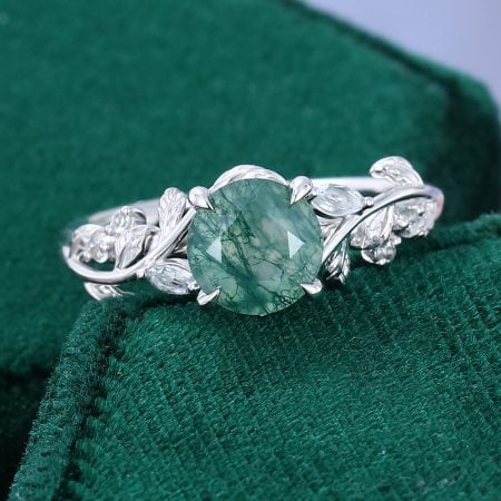 Round Cut Moss Agate Wedding Ring Leaf and Vine Promise Ring (6)