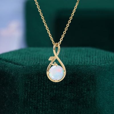 Round Cut Natural Opal Infinity Pendant Necklace With Leaf Accents