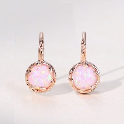 Round Cut Pink Opal Leaf Dangle Earring For Women