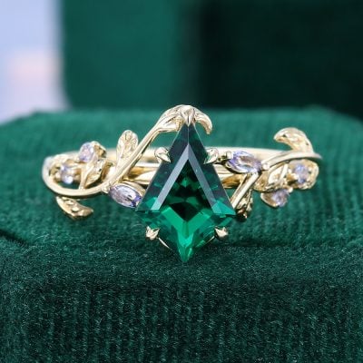 LeafLace | Kite Cut Emerald Engagement Ring with Tanzanite Accents